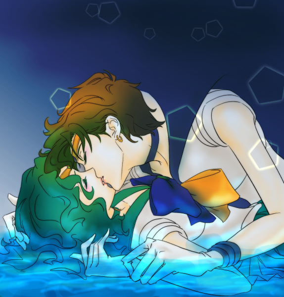 2girls, bishoujo_senshi_sailor_moon, blue_background, blue_bow, bow, brown_hair, choker, circlet, closed_eyes, couple, gloves, gradient, gradient_background, green_hair, kaiou_michiru, kiss, kobeya_(tonari_no_kobeya), lying, multiple_girls, profile, sailor_neptune, sailor_uranus, short_hair, ten'ou_haruka, upper_body, water, white_gloves, wrist_grab, yellow_bow, yuri