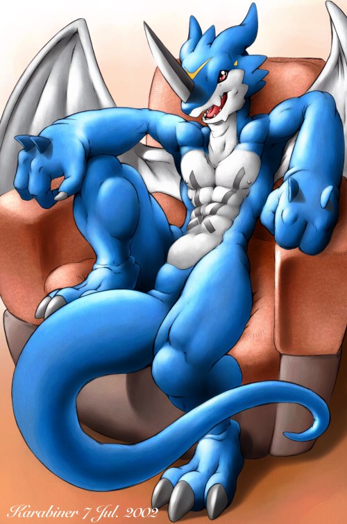 1boy, abs, artist_name, couch, dated, digimon, digimon_adventure_02, exveemon