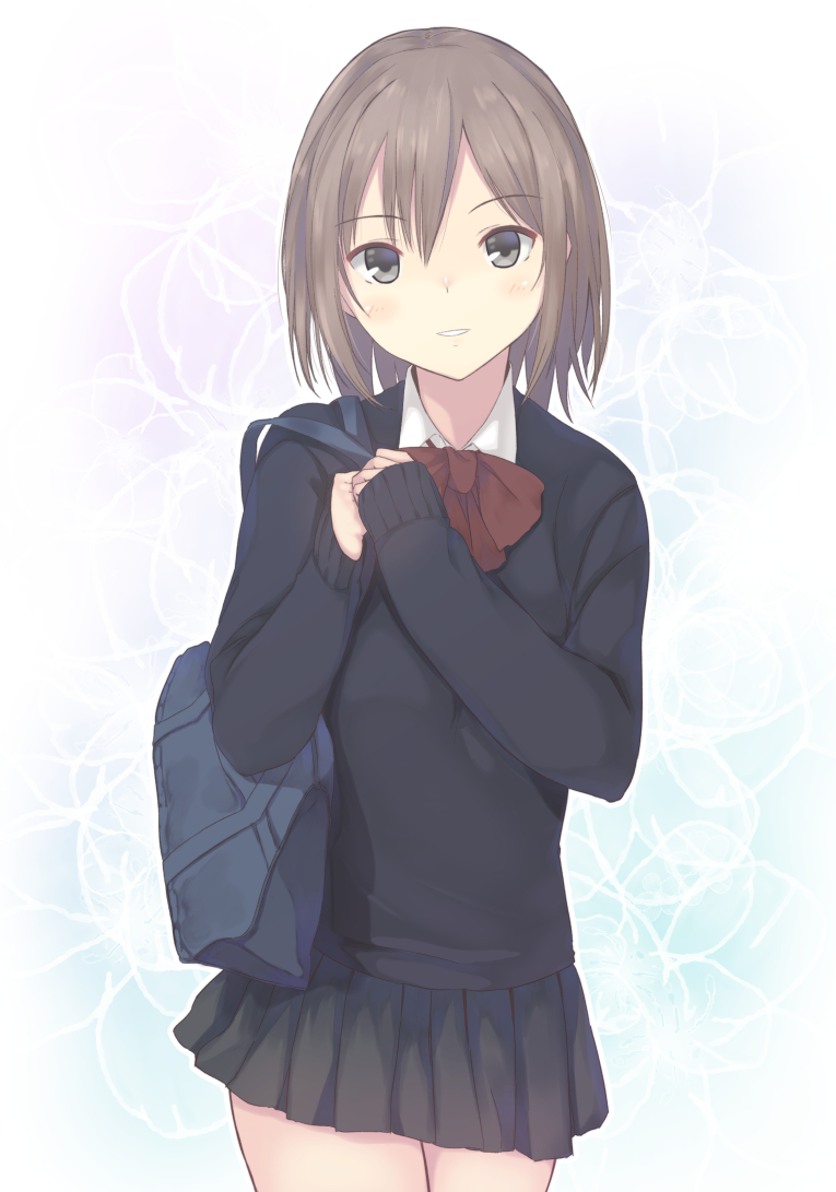 1girl, bag, bangs, black_skirt, black_sweater, blush, bow, bowtie, brown_eyes, brown_hair, collared_shirt, commentary, cowboy_shot, eyebrows, eyebrows_visible_through_hair, fujiwara_mizuki, gradient, gradient_background, hair_between_eyes, looking_at_viewer, original, parted_lips, red_bow, red_bowtie, school_bag, school_uniform, shirt, shoulder_bag, simple_background, skirt, sleeves_past_wrists, smile, solo, sweater, teeth, uniform, white_background