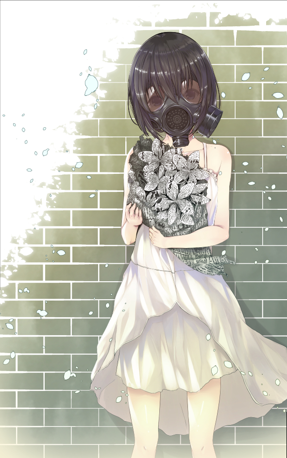 1girl, bangs, black_hair, blue_eyes, brick_wall, collarbone, commentary, dress