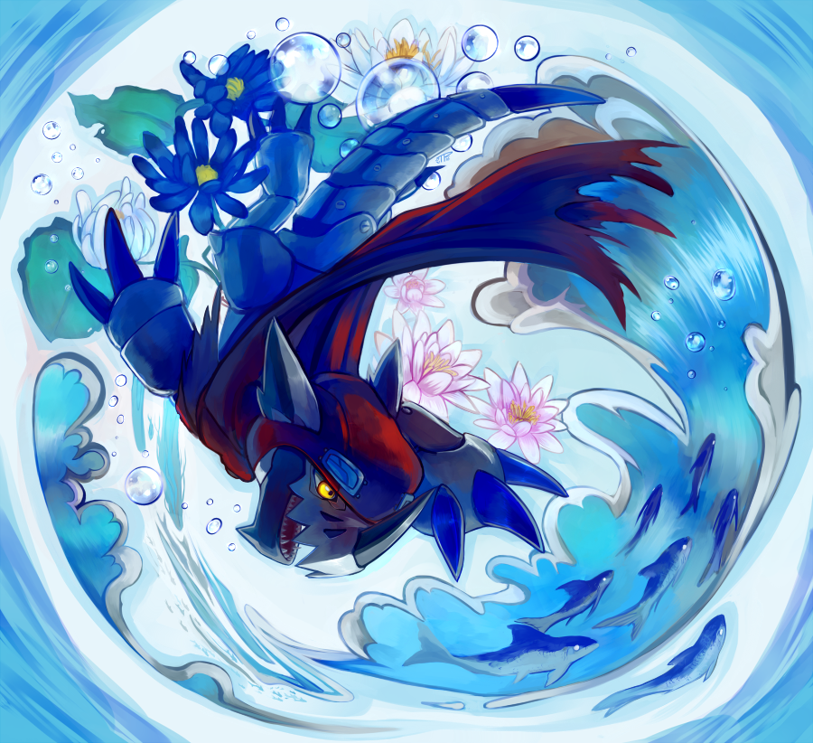 artist_name, bubble, digimon, digimon_universe:_appli_monsters, fish, flower, hackmon, hackmon_(digimon)