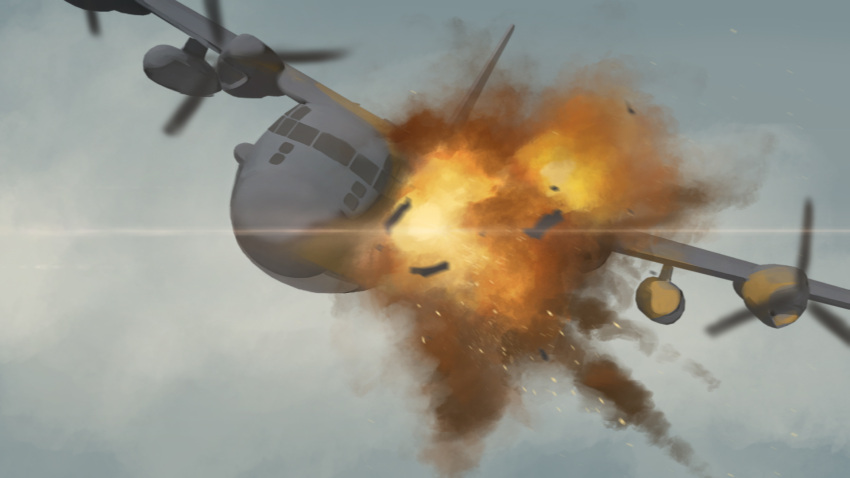blurry, c-130_hercules, commentary, debris, explosion, fire, girls_und_panzer, hettsuaa