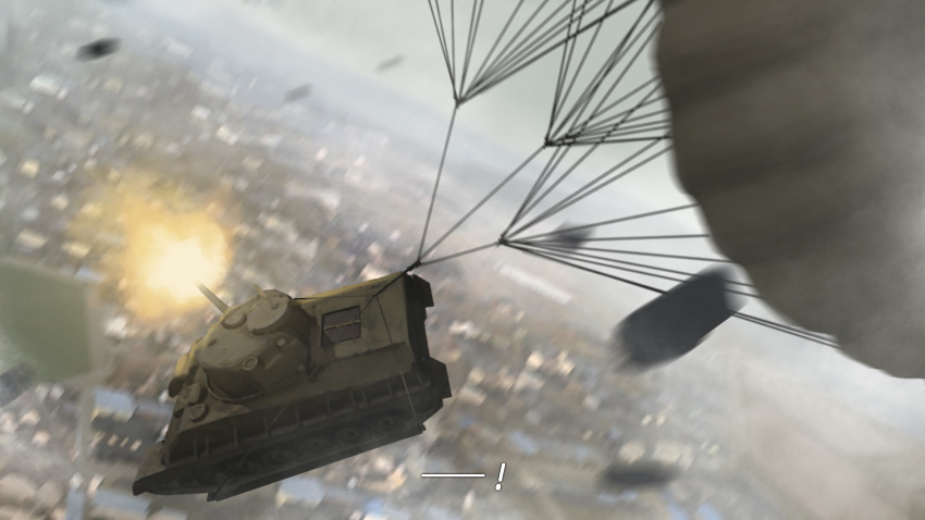 !, blurry, cityscape, commentary, depth_of_field, dutch_angle, firing, girls_und_panzer