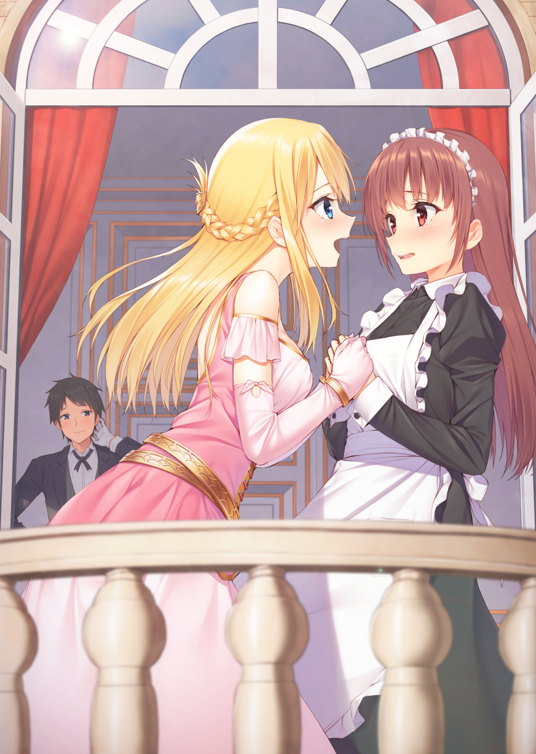 1boy, 2girls, apron, arch, bangs, bare_shoulders, black_dress, black_eyes