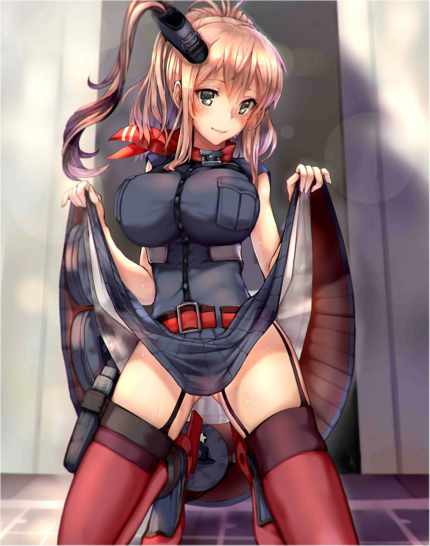 1girl, armadillo-tokage, black_dress, blue_eyes, breast_pocket, breasts, brown_hair, buckle, dress, dress_lift, drum_magazine, funnel, garter_straps, gluteal_fold, high_heels, highres, kantai_collection, kneeling, large_breasts, lips, long_hair, looking_at_viewer, magazine_(weapon), neckerchief, parted_lips, ponytail, red_belt, red_legwear, red_neckerchief, remodel_(kantai_collection), rudder_shoes, saratoga_(kantai_collection), short_sleeves, side_ponytail, skirt, skirt_lift, smile, solo, striped, striped_dress, thigh-highs, thighs