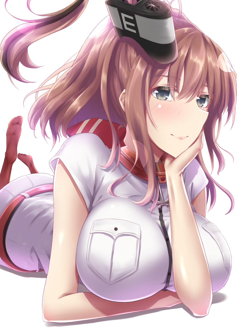 1girl, blouse, blue_eyes, breasts, brown_hair, buttons, eyebrows, eyebrows_visible_through_hair