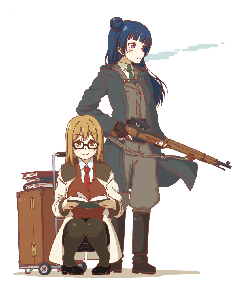 2girls, absurdres, bangs, bespectacled, black-framed_eyewear, black_boots, black_gloves, black_legwear