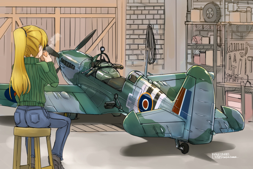 1girl, aircraft, airplane, artist_name, back, blonde_hair, boots, camouflage