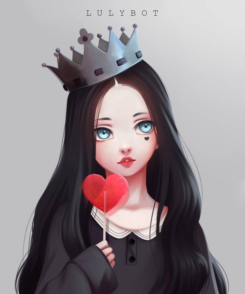1girl, absurdres, black_hair, black_shirt, blank_stare, blue_eyes, candy, crown