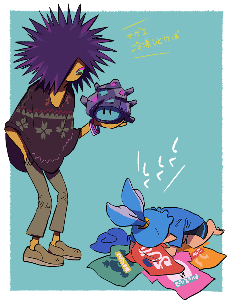 2boys, bangle, barefoot, bike_shorts, blue_background, bracelet, crying, daunii_(splatoon)