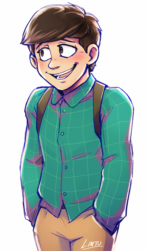 1boy, artist_name, backpack, bag, brown_eyes, brown_hair, hands_in_pockets, lintufriikki