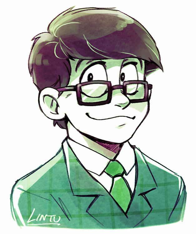 1boy, artist_name, black_eyes, black_hair, formal, glasses, green, lintufriikki