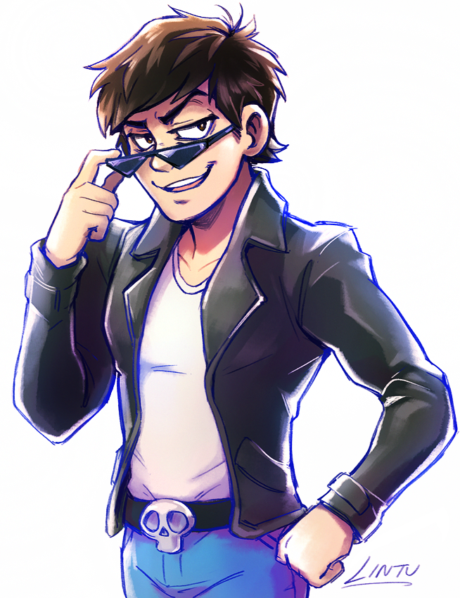 1boy, artist_name, belt_buckle, black_eyes, brown_hair, buckle, denim, hand_on_hip