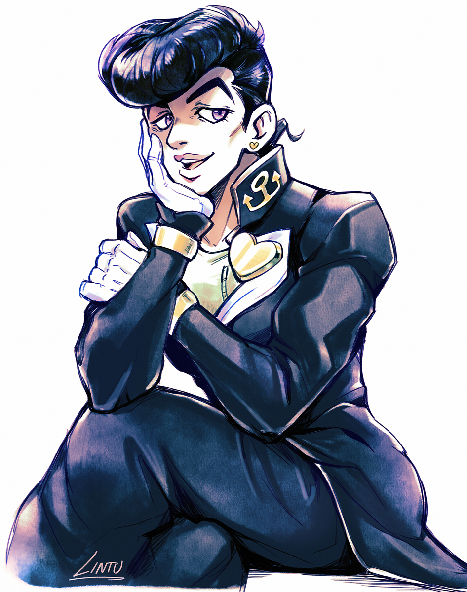 1boy, anchor_symbol, artist_name, black_hair, brooch, chin_rest, earrings, elbow_rest, gakuran, gloves, heart, heart_earrings, higashikata_jousuke, highres, jewelry, jojo_no_kimyou_na_bouken, legs_crossed, lintufriikki, male_focus, open_mouth, pompadour, school_uniform, signature, smile, solo, violet_eyes, white_gloves