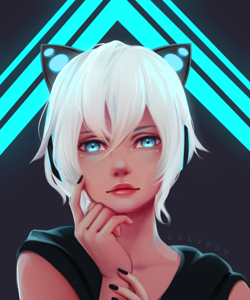 1girl, absurdres, animal_ears, artist_name, black_background, black_nails, blue_background, blue_eyes