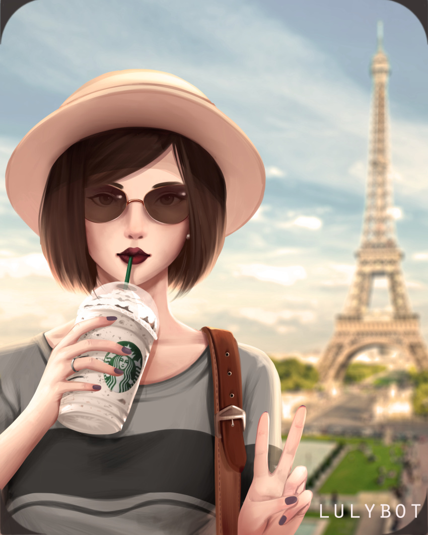 1girl, absurdres, artist_name, bangs, black_hair, black_lipstick, blue_sky, closed_mouth
