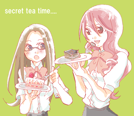cake, food, fushimi_chihiro, glasses, kirijou_mitsuru, lowres, nanashi_(21), nanashi_(pixiv560506), pastry, persona, persona_3