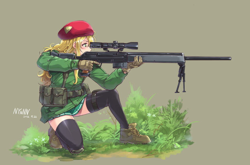 1girl, aiming, beret, black_legwear, blonde_hair, boots, brown_gloves, dated
