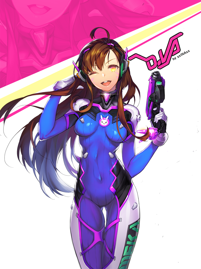 1girl, ahoge, artist_name, bangs, bodysuit, bracer, breasts, brown_eyes, brown_hair, bunny_print, character_name, charm_(object), clothes_writing, cowboy_shot, d.va_(overwatch), facepaint, facial_mark, finger_on_trigger, glint, gloves, gun, hair_flip, hand_in_hair, headphones, high_collar, holding, holding_gun, holding_weapon, long_hair, looking_at_viewer, medium_breasts, one_eye_closed, open_mouth, overwatch, pilot_suit, ribbed_bodysuit, shoulder_pads, signature, simple_background, skin_tight, smile, solo, swept_bangs, thigh_gap, very_long_hair, weapon, whisker_markings, white_background, white_gloves, xxinainaxx, zoom_layer