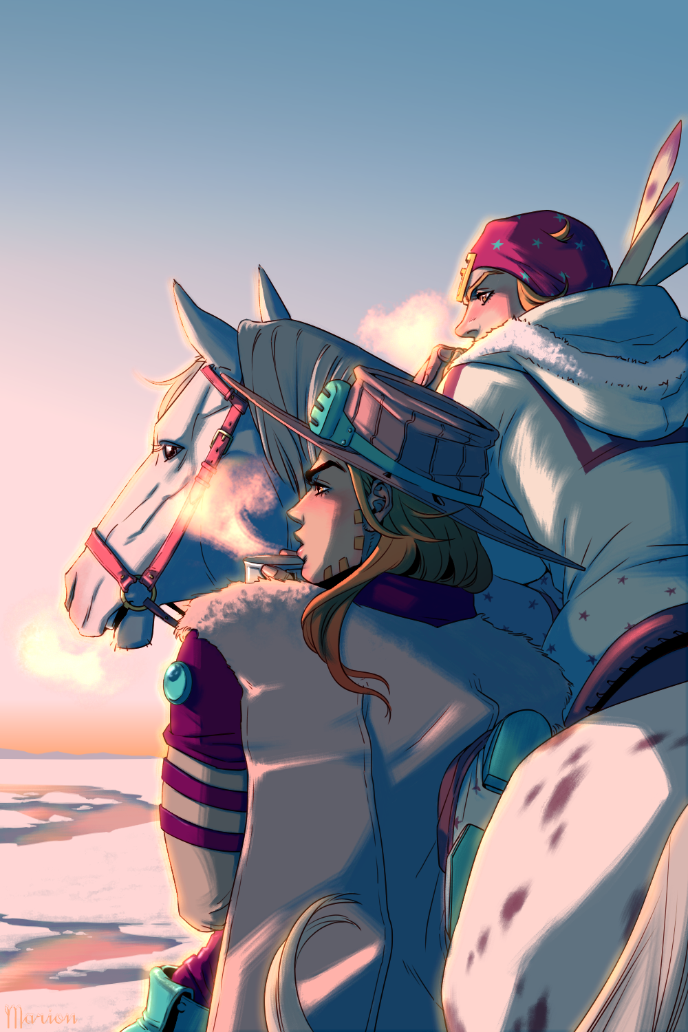 2boys, artist_name, belt, blonde_hair, breath, cowboy_hat, cup, facial_mark