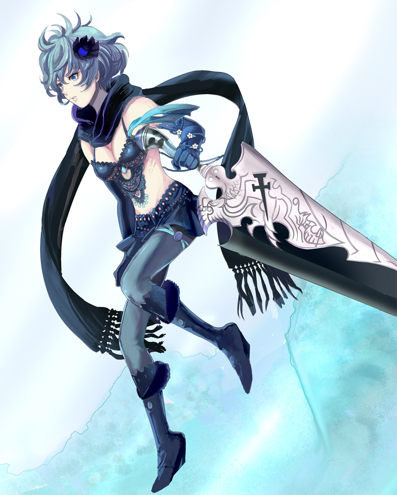 1girl, blue_eyes, blue_hair, breasts, cleavage, drag-on_dragoon, drag-on_dragoon_3, full_body