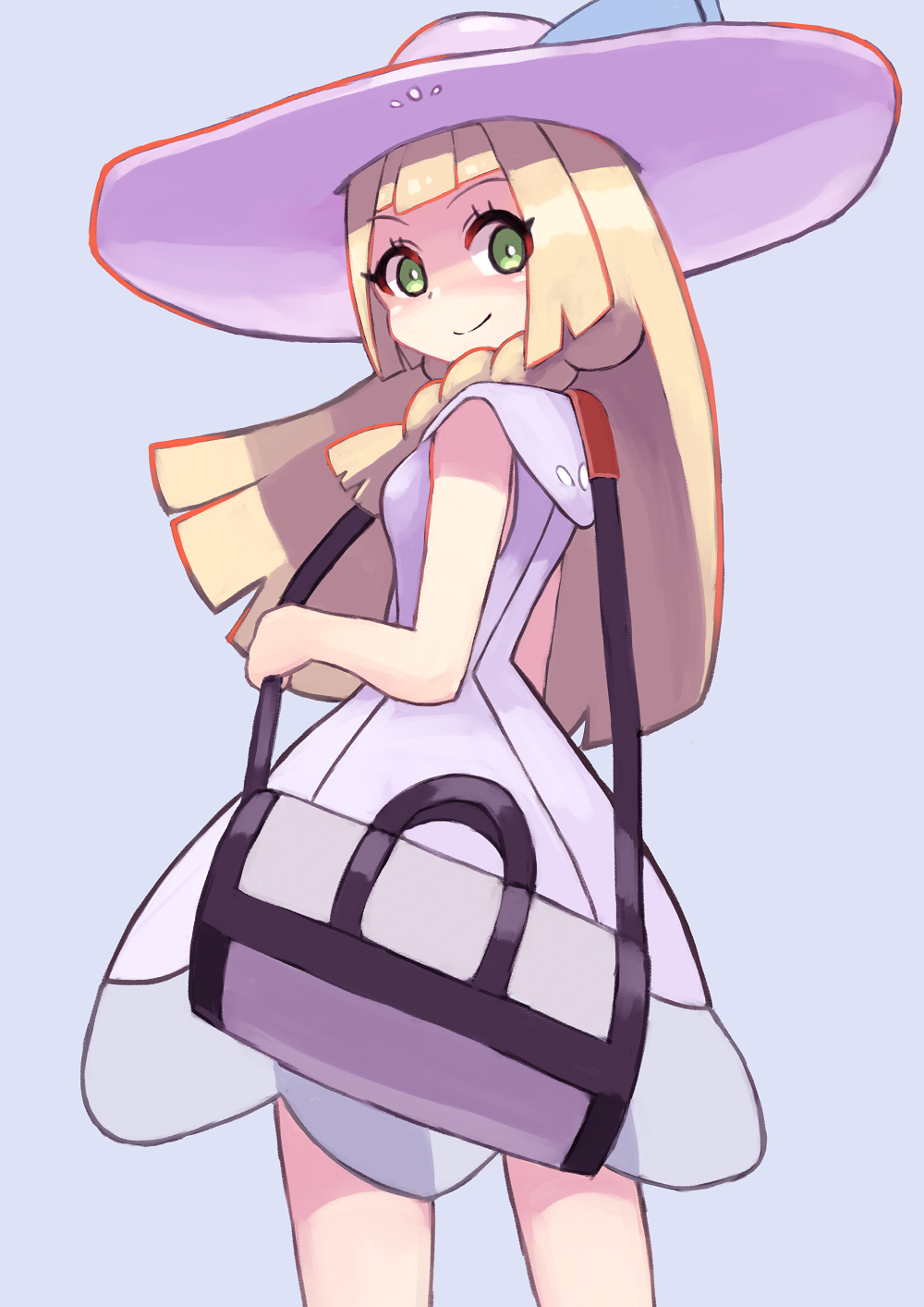 1girl, bag, bangs, bare_arms, blonde_hair, blunt_bangs, blush, braid
