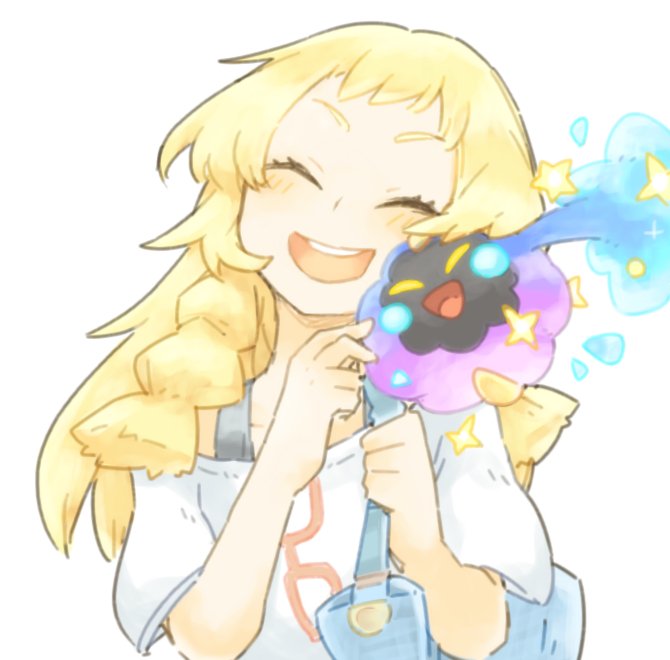 1girl, :d, alternate_costume, blonde_hair, blush, braid, closed_eyes, cosmog, lillie_(pokemon), long_hair, open_mouth, pokemon, pokemon_(creature), pokemon_(game), pokemon_sm, simple_background, smile, solo, twin_braids, upper_body, white_background, ziro_(daydozen)