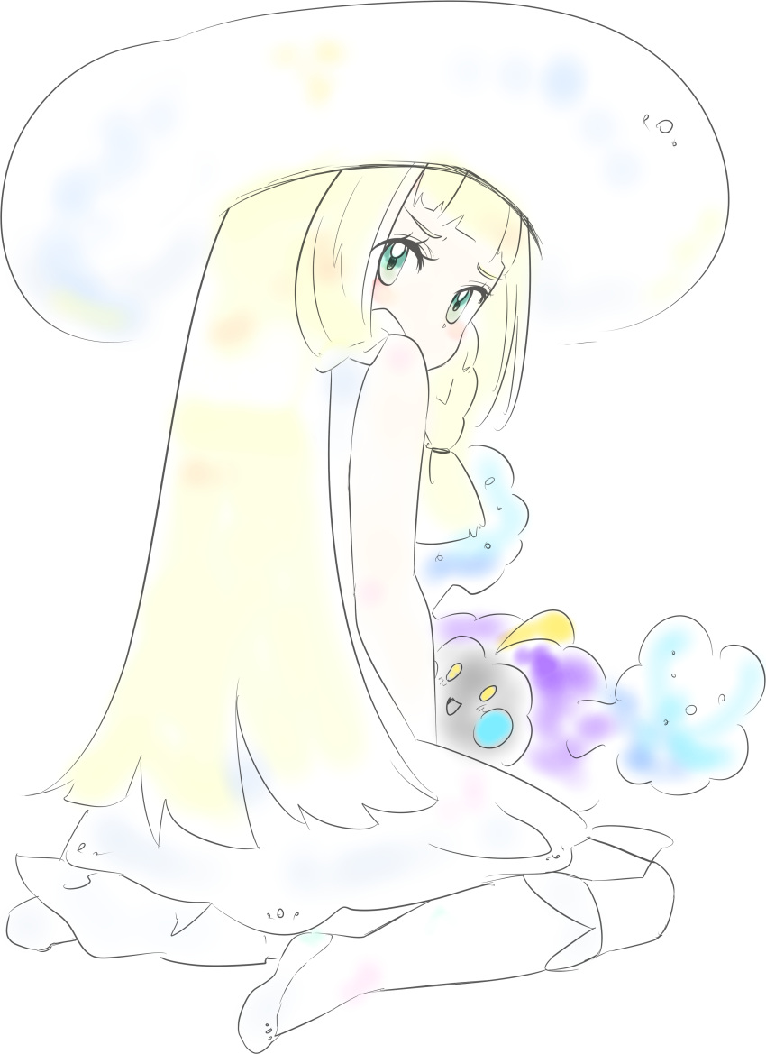 1girl, absurdres, aruse_(ygglia), bangs, bare_arms, blonde_hair, blunt_bangs, blush, braid, cosmog, dress, female, from_behind, full_body, green_eyes, hat, highres, lillie_(pokemon), long_hair, looking_back, pale_color, pokemon, pokemon_(creature), pokemon_(game), pokemon_sm, sitting, sleeveless, sleeveless_dress, solo, sun_hat, white_background, white_dress, white_hat