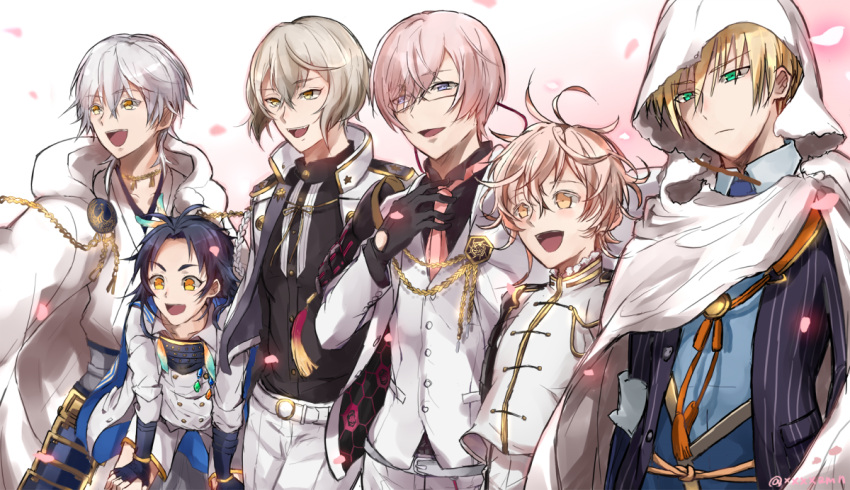 6+boys, armor, black_gloves, black_hair, blonde_hair, blue_eyes, feathers, glasses