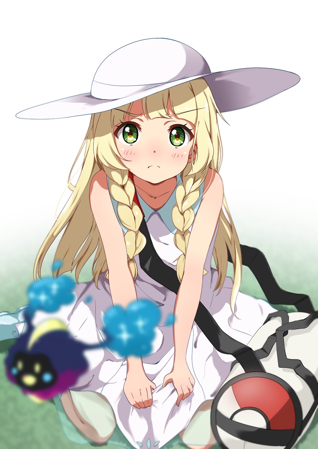 1girl, air_0497, bag, blonde_hair, blush, braid, cosmog, dress