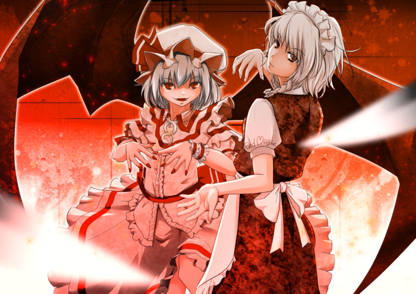 2girls, apron, bat_wings, braid, brown_eyes, expressionless, fangs, fingernails