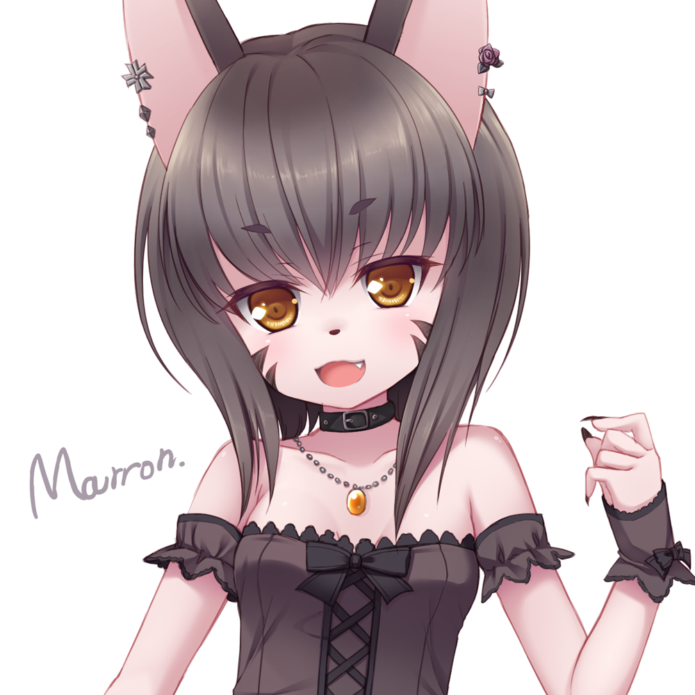 1girl, animal_ears, artist_name, bangs, bare_shoulders, brown_hair, collar, collarbone