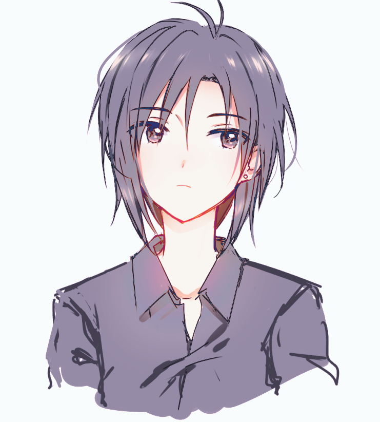 1girl, antenna_hair, black_eyes, black_hair, collared_shirt, earrings, hachiware, idolmaster
