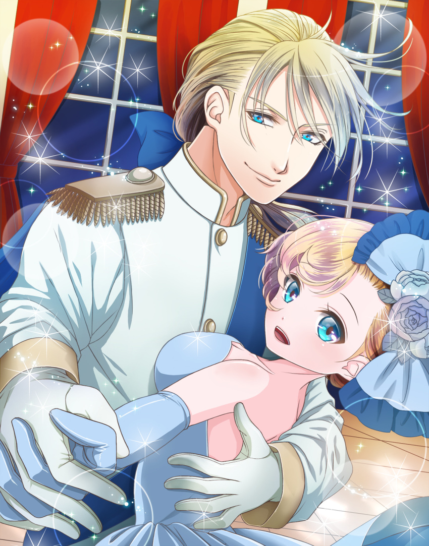 1boy, 1girl, blonde_hair, blue_eyes, bow, cape, curtains, dress, edgar_roni_figaro, epaulettes, final_fantasy, final_fantasy_vi, flower, formal, fringe, gloves, hair_bow, hair_flower, hair_ornament, highres, interior, looking_at_viewer, open-back_dress, open_mouth, opera_gloves, ponytail, relm_arrowny, short_hair, smile, strapless, strapless_dress, window, yuuri_(kazuya1008)