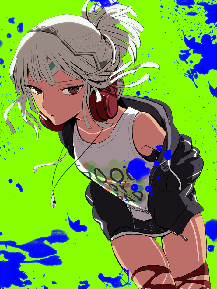 1girl, alternate_costume, attila_(fate/grand_order), black_bra, black_jacket, black_shorts, bra, bra_peek, cowboy_shot, dark_skin, fate/extella, fate/extra, fate_(series), green_background, hands_in_pockets, headband, headphones, jacket, jewelry, looking_at_viewer, maroon_legwear, necklace, off_shoulder, paint_splatter, pantyhose, ponytail, red_eyes, short_hair, short_ponytail, short_shorts, shorts, simple_background, skindentation, solo, sushimaro, tank_top, tattoo, torn_clothes, torn_pantyhose, tsurime, underwear, white_hair