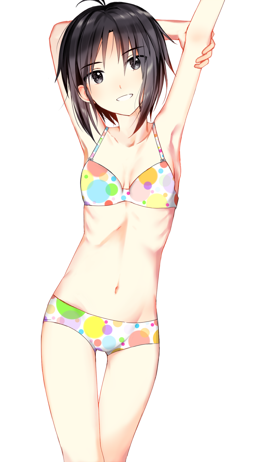 1girl, antenna_hair, armpits, arms_behind_head, arms_up, bare_shoulders, bikini, black_eyes, black_hair, breasts, cowboy_shot, groin, hachiware, highres, idolmaster, idolmaster_2, kikuchi_makoto, looking_away, navel, polka_dot, polka_dot_bikini, short_hair, small_breasts, smile, solo, standing, swimsuit, thigh_gap