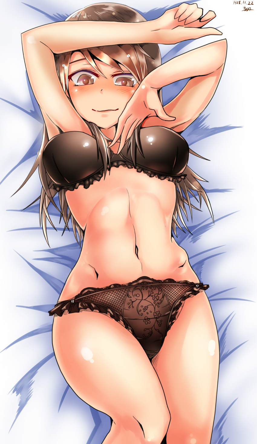 1girl, arms_up, bangs, bed, black_bra, black_panties, blush, bra, frilled_bra, frilled_panties, frills, from_above, girls_und_panzer, highres, juugo_(artist), long_hair, looking_at_viewer, lying, mika_(girls_und_panzer), navel, on_back, panties, smile, solo, underwear, underwear_only