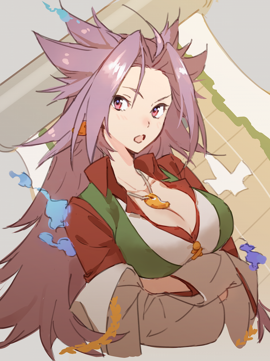 >:o, 1girl, :o, breast_rest, breasts, cleavage, commentary_request, ekka_(chrysalis), grey_background, highres, jewelry, jun'you_(kantai_collection), kantai_collection, large_breasts, long_hair, magatama, necklace, purple_hair, scroll, solo, spiky_hair, upper_body, violet_eyes