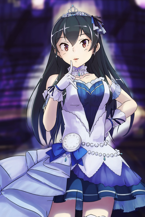 1girl, akino_komichi, bare_shoulders, black_hair, breasts, brown_eyes, dress, finger_to_mouth