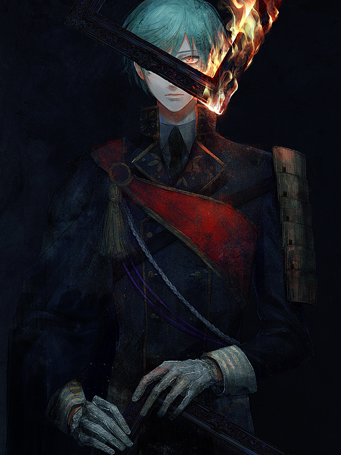 1boy, aiguillette, aqua_hair, armor, black_background, black_necktie, blue_hair, burning