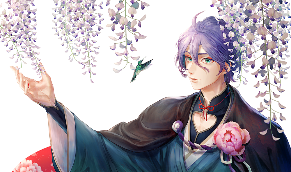 1boy, ahoge, animal, bird, blue_eyes, cape, flower, hair_between_eyes