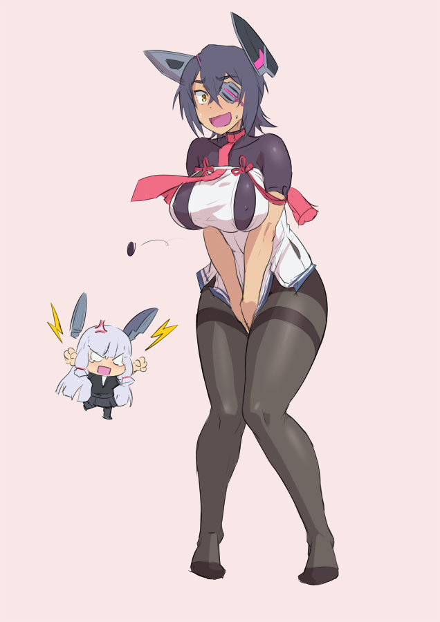 2girls, anger_vein, bodysuit, breasts, chibi, commentary_request, cosplay, costume_switch