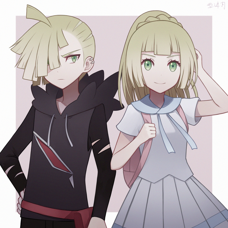 1boy, 1girl, angel31424, blonde_hair, brother_and_sister, dress, gladio_(pokemon), green_eyes