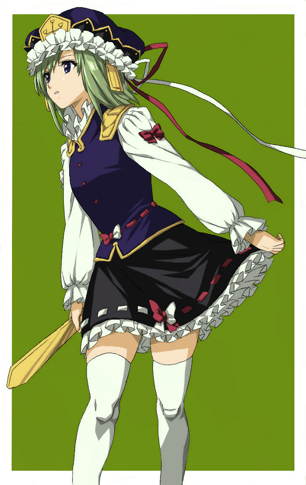 blue_eyes, frills, gathers, green_background, green_hair, hat, hishagawariho, hishagawariho_(pixiv)