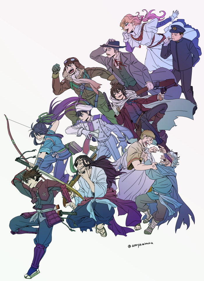 abe_no_seimei_(drifters), armor, asaya_minoru, beard, black_hair, blonde_hair, bow, breasts, butch_cassidy, drifters, eyepatch, facial_hair, gun, handgun, hannibal_barca, hat, kanno_naoshi, long_hair, multiple_boys, mustache, nasu_no_yoichi, oda_nobunaga_(drifters), open_mouth, ponytail, revolver, saint-germi, shimazu_toyohisa, short_hair, sundance_kid, sword, weapon, white_hair, yamaguchi_tamon