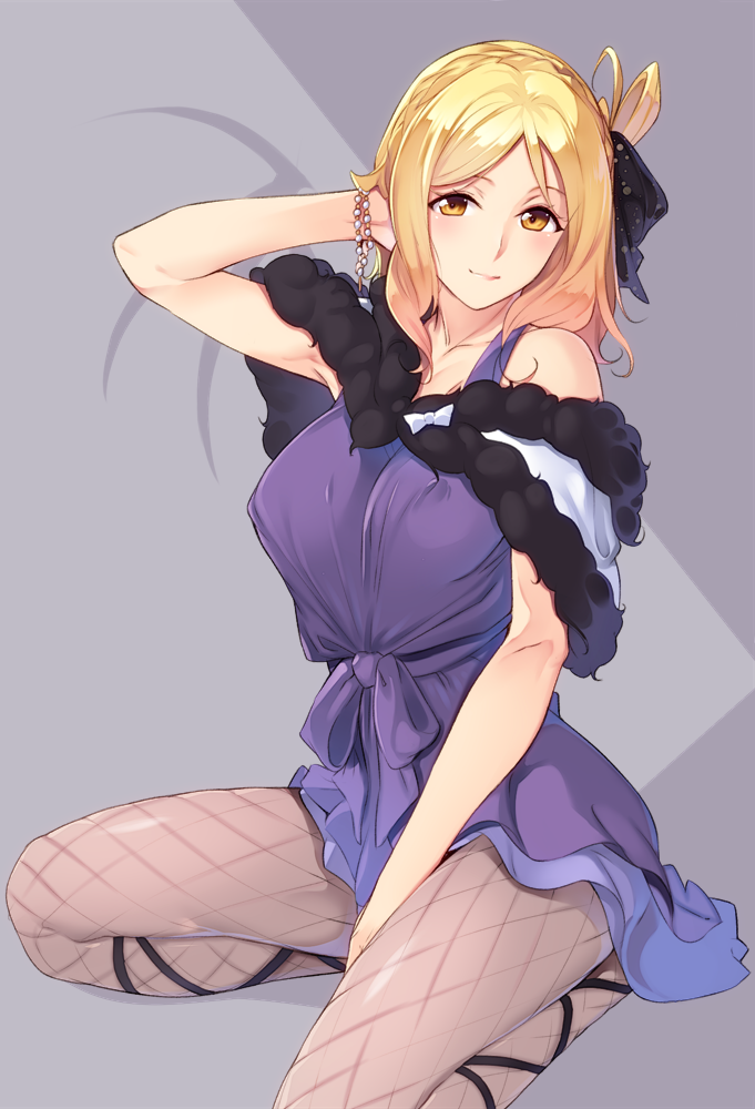 1girl, armpits, bangs, bare_shoulders, bead_bracelet, beads, black_ribbon, blonde_hair