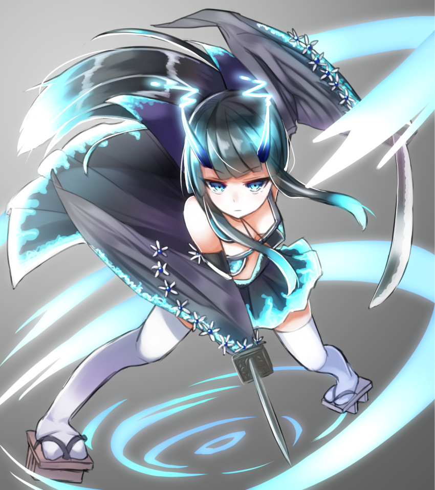 1girl, aqua_eyes, black_hair, detached_sleeves, dual_wielding, flower, grey_background, highres