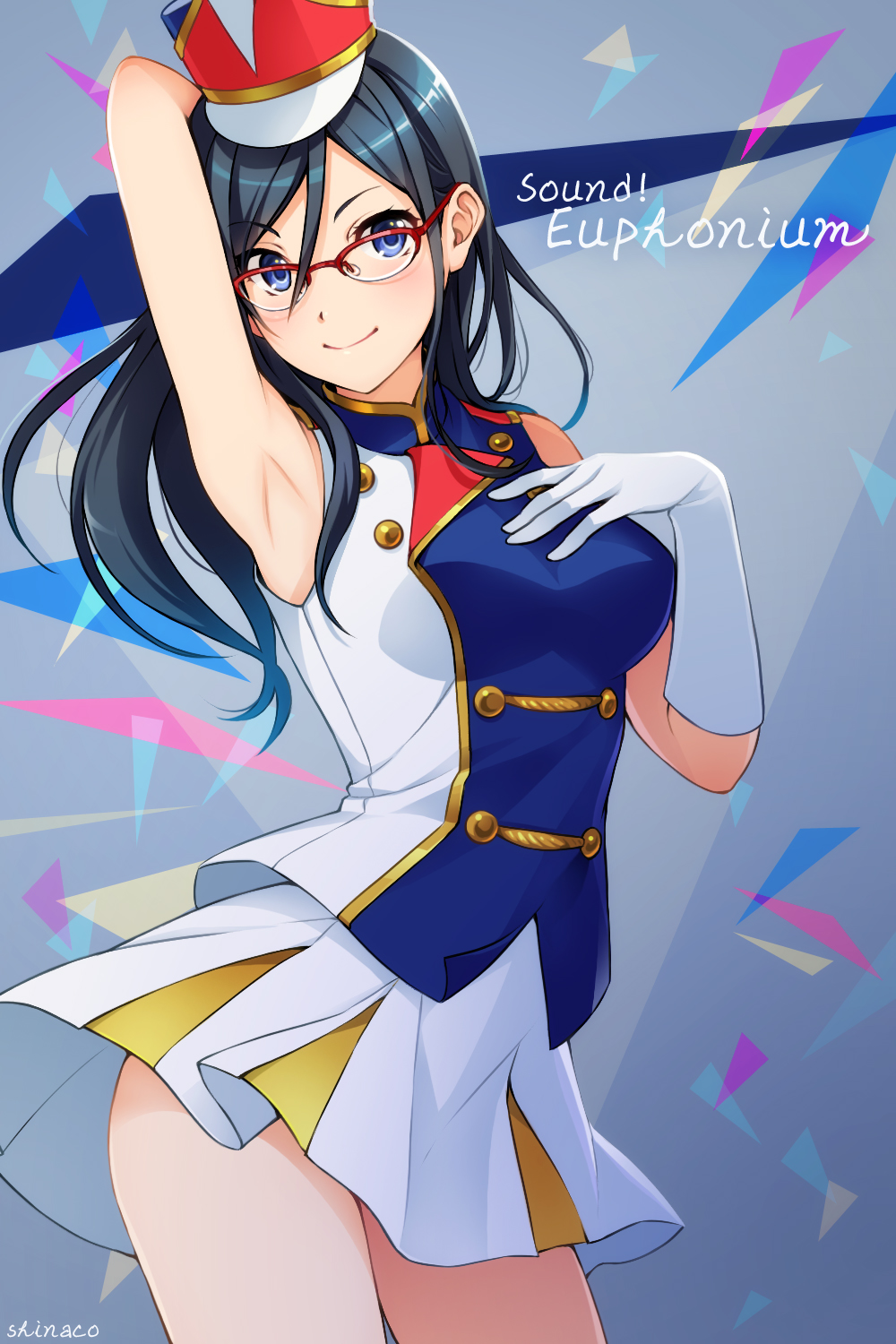 1girl, artist_name, band_uniform, black_hair, blue_eyes, contrapposto, copyright_name, glasses, gloves, hat, hibike!_euphonium, highres, long_hair, looking_at_viewer, over-rim_glasses, pleated_skirt, red-framed_eyewear, semi-rimless_glasses, skirt, smile, tanaka_asuka, white_gloves, white_skirt, yamaoka_sawara