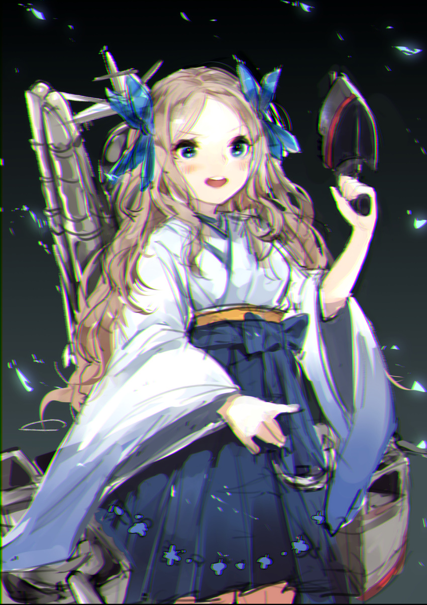 1girl, asakaze_(kantai_collection), bangs, blue_bow, blue_eyes, bow, brown_hair, cannon