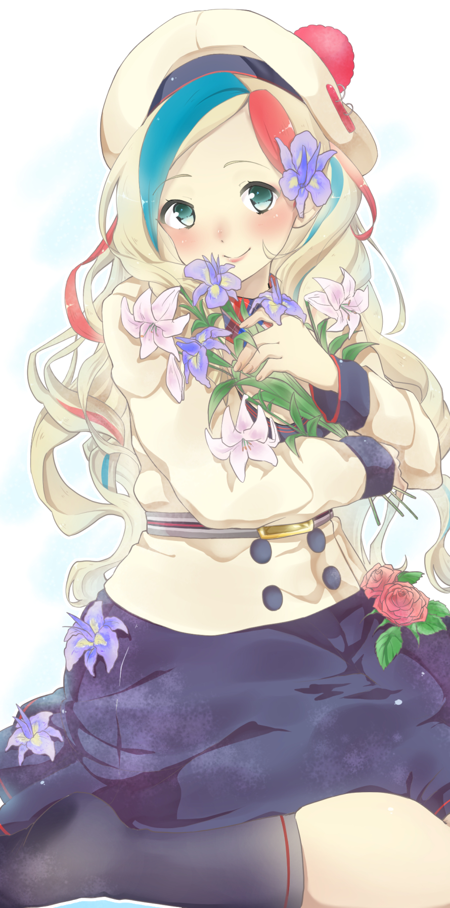 1girl, bangs, belt, beret, black_legwear, black_skirt, blonde_hair, blue_eyes